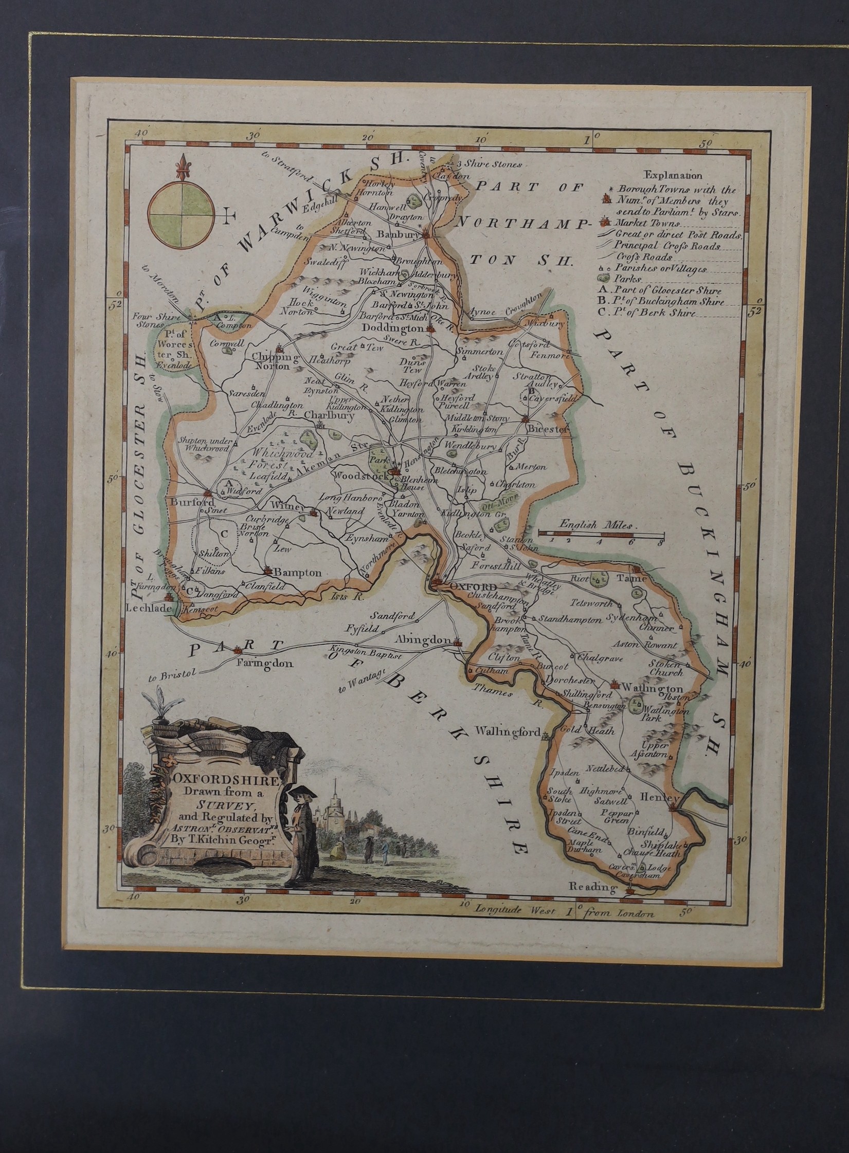 A hand coloured steel engraving of the Brighton Royal Chain Pier, 10 x 15cm, and two steel engraved maps, Oxfordshire and Warwickshire, largest 26 x 20cm